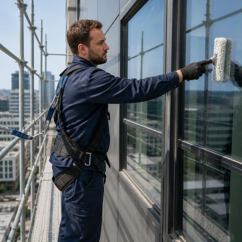 Nationwide Maintenance technician cleaning windows from scaffolding